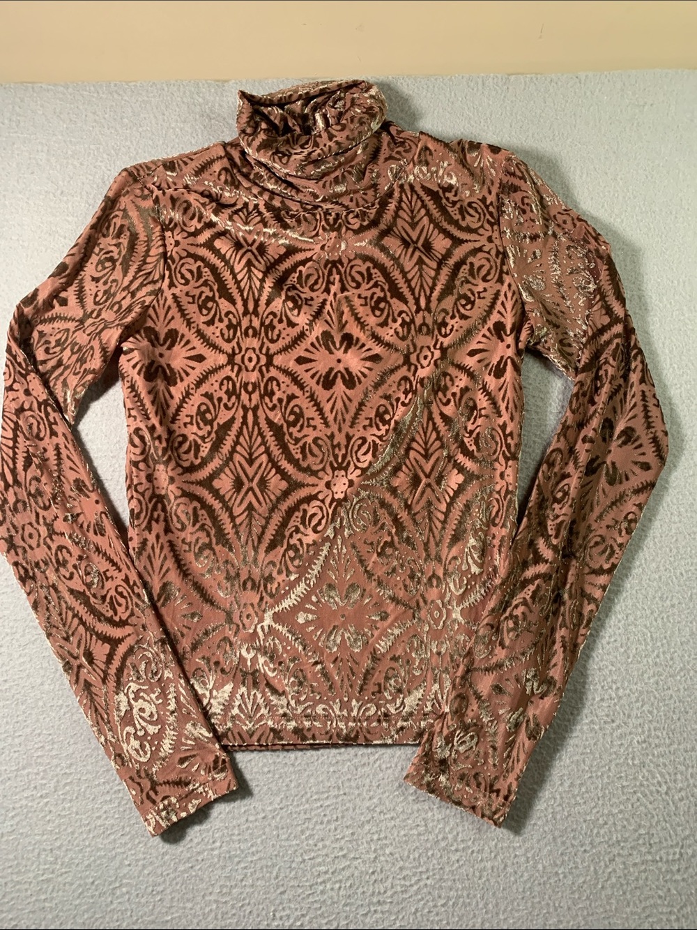 Pink Lily Rose-Brown Metallic Mock Neck Long Sleeve Top